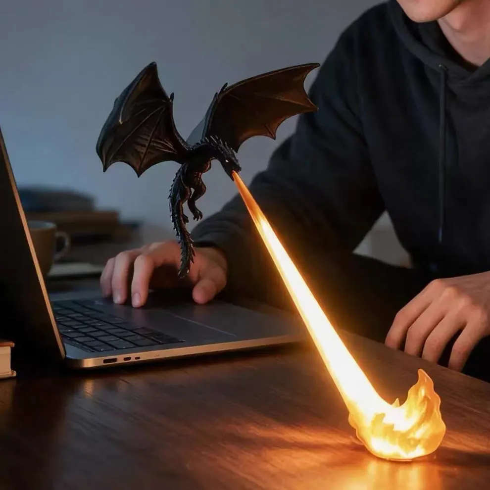 Dragon Breath Flame 3D Lamp glowing warmly in dark studio with fiery living flame effect