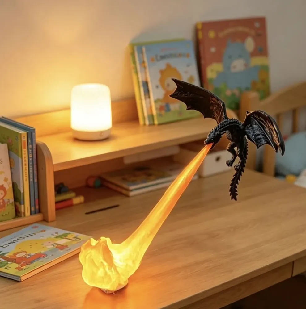 Dragon breath lamp glowing on bedroom nightstand