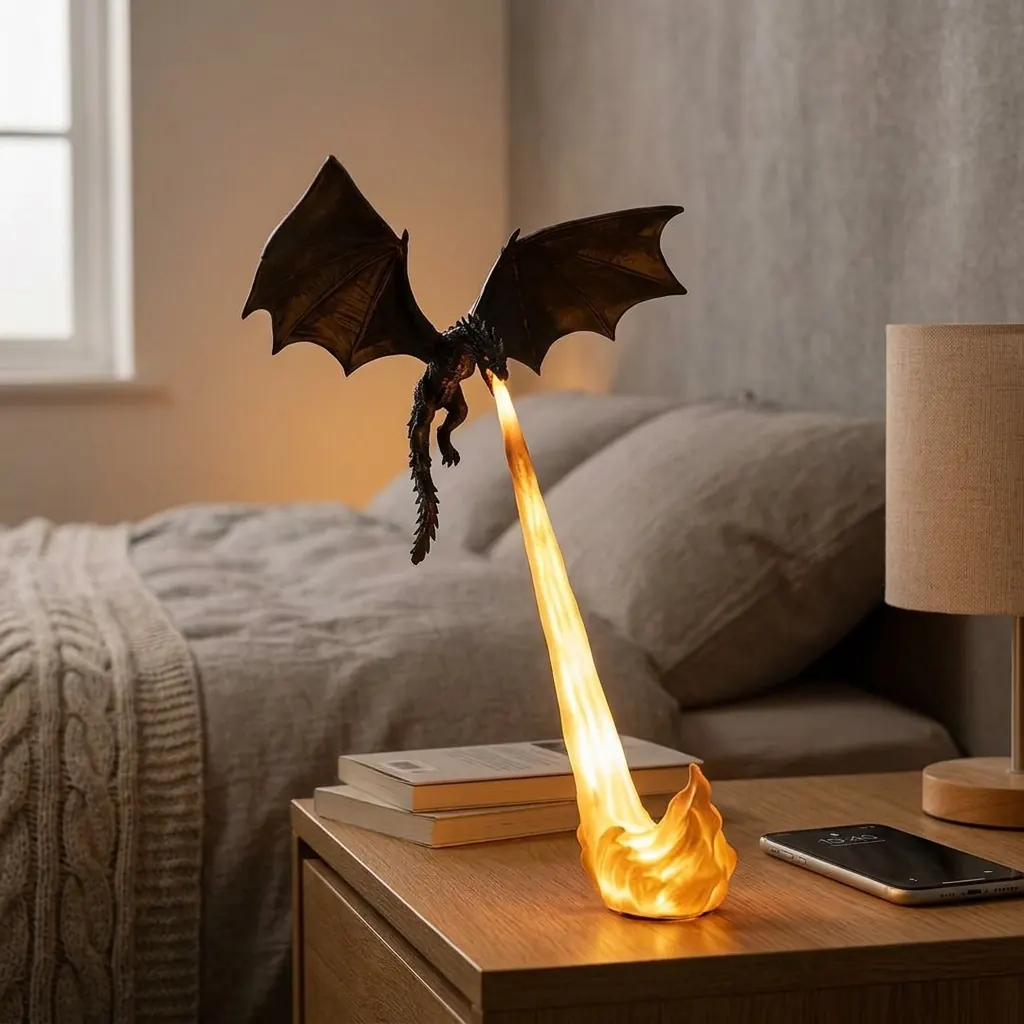Customer photo: Golden flame dragon hovering on cozy bedroom nightstand