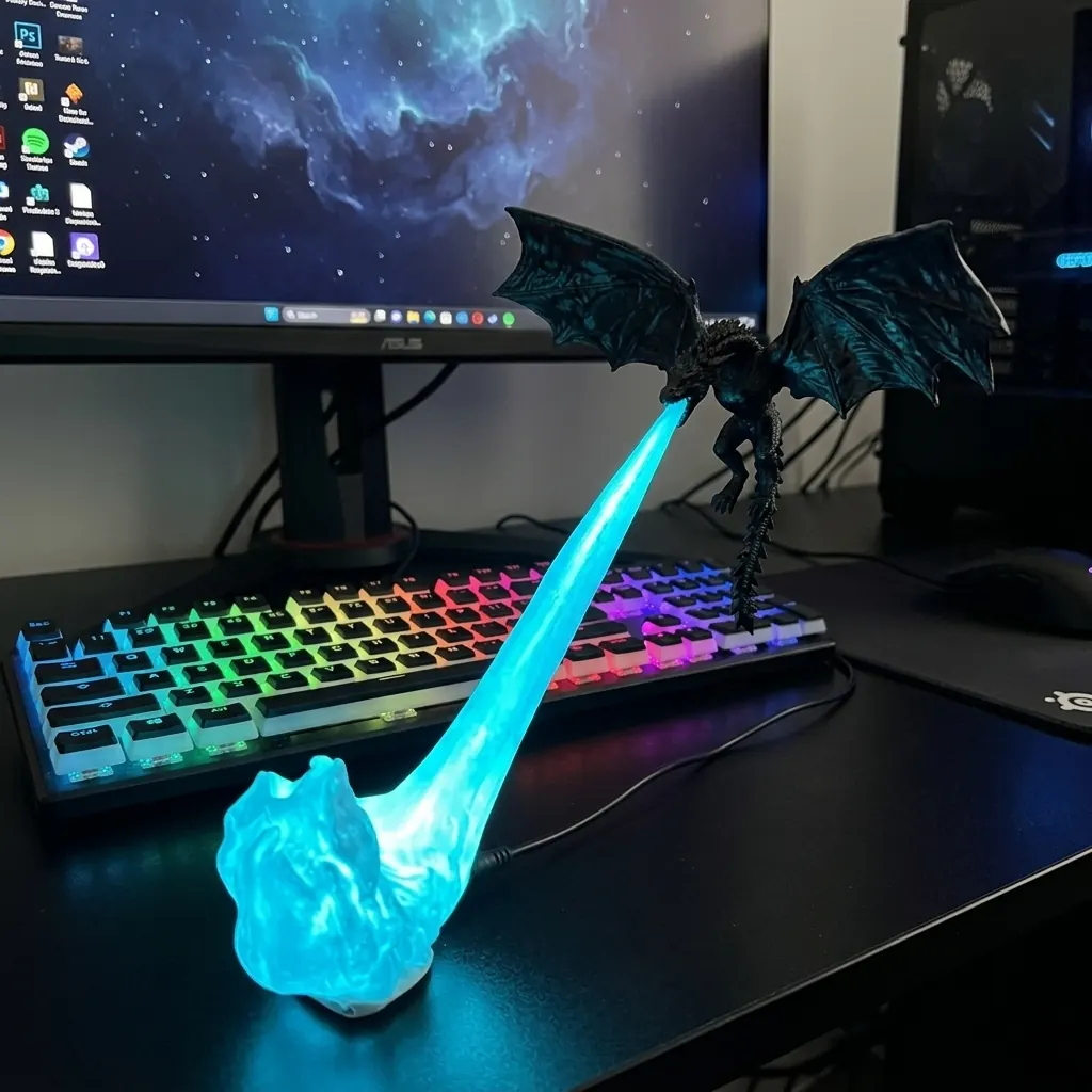 Customer photo: Blue flame dragon floating next to RGB mechanical keyboard