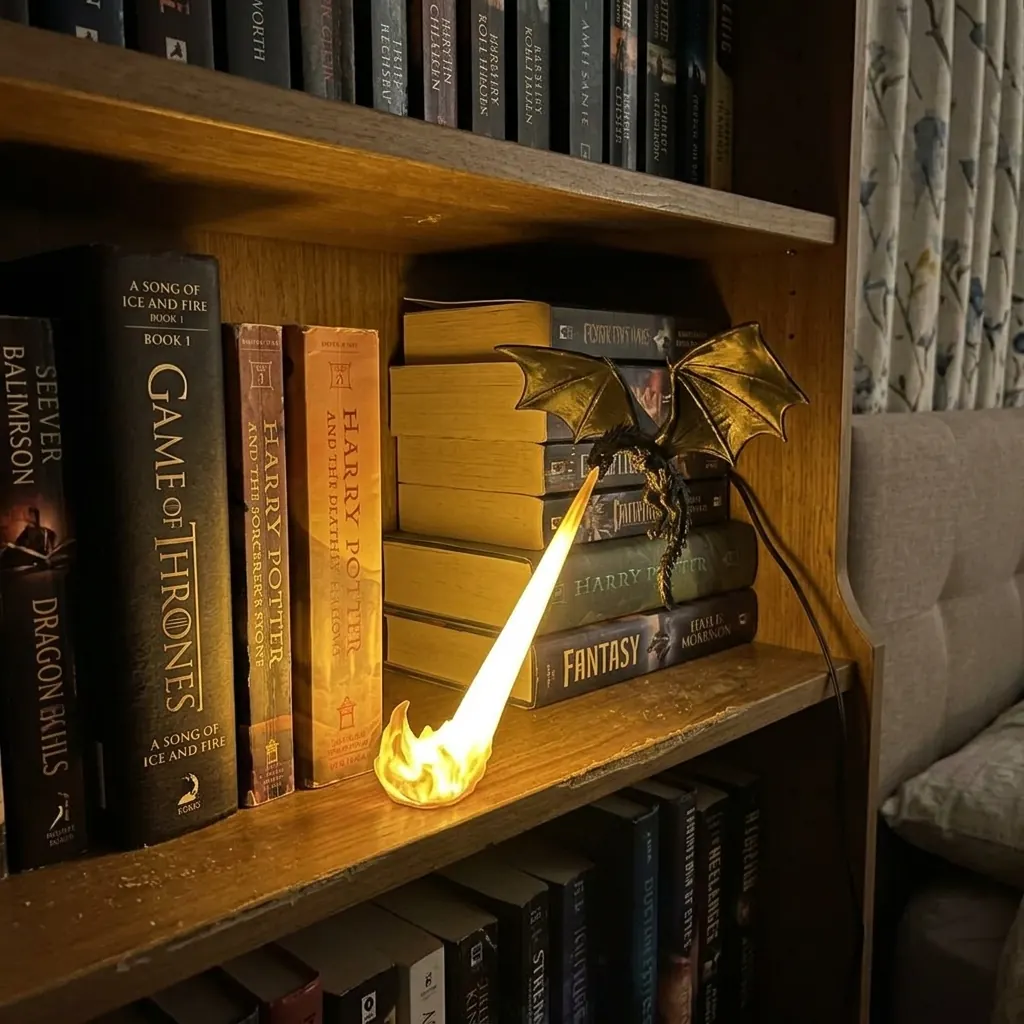 Customer photo: Golden dragon on fantasy novel bookshelf