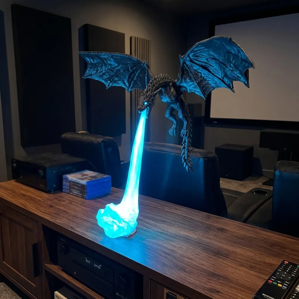 Customer photo: Blue giant 24 inch dragon in home cinema room